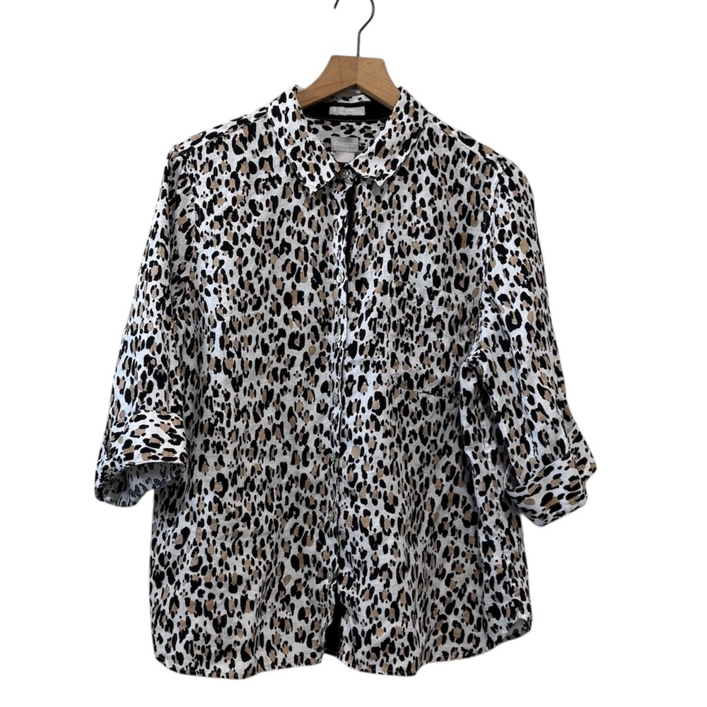 Chico's NO Iron Fresh Chic Linen Leopard Print Button Up Top